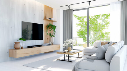 Naklejka premium Living room with modern interior design featuring natural light and stylish decor