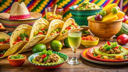 Vibrant colors and tantalizing aromas abound in a festive Cinco de Mayo spread featuring tacos, guacamole, margaritas, and sombreros, set against a lively party backdrop.