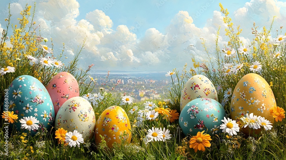Aufkleber festive happy easter background displaying delightful scene of intricately painted eggs and cheerful
