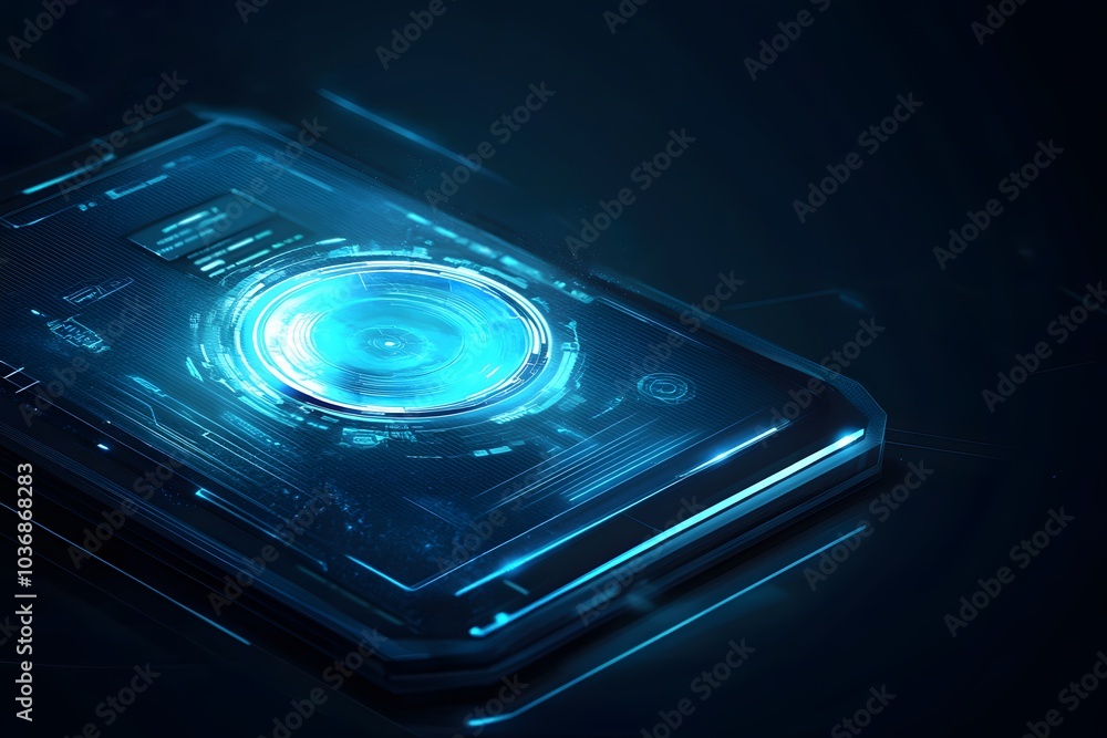 Poster futuristic blue interface with glowing circular element