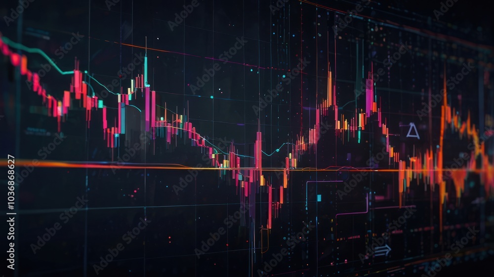 Poster abstract digital stock market chart with a dark background and colorful lines, data and numbers.