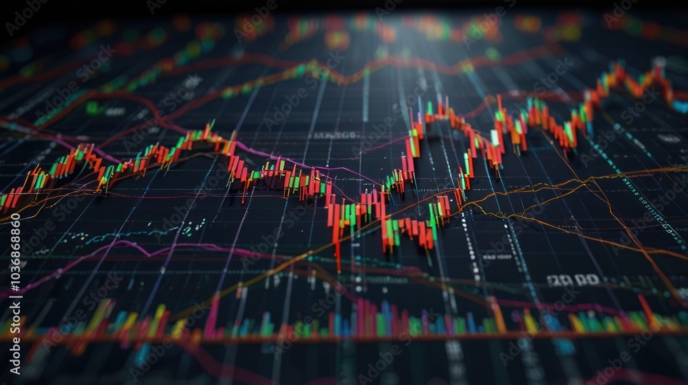 Poster a close-up of a stock market chart with various lines and indicators, showing the fluctuations of a 