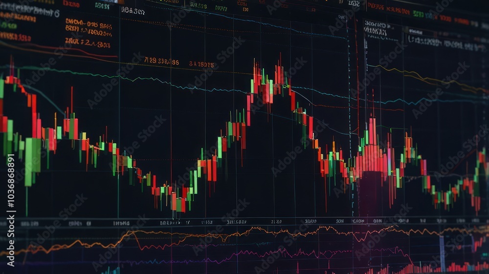 Poster a close-up view of a stock market chart showing the fluctuation of stock prices on a computer screen
