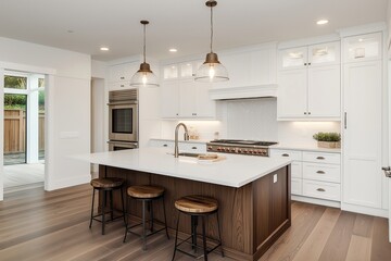 A modern farmhouse-style kitchen featuring white cabinetry, wood accents, and a large island with bar stools, illuminated by pendant lights, creating a cozy and inviting atmosphere with natural tones