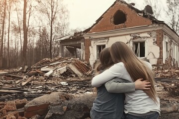 Fototapeta premium Two orphaned children hugging each other while sitting in front of the ruins of a destroyed home, evoking feelings of loss, tragedy, and the aftermath of disaster