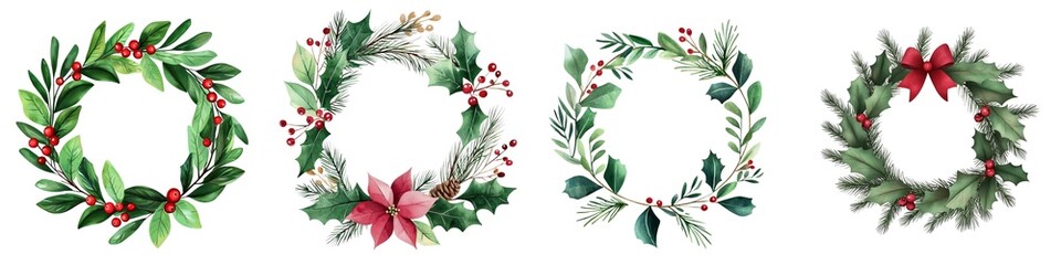 Four festive wreaths with greenery and red accents on white isolated background.