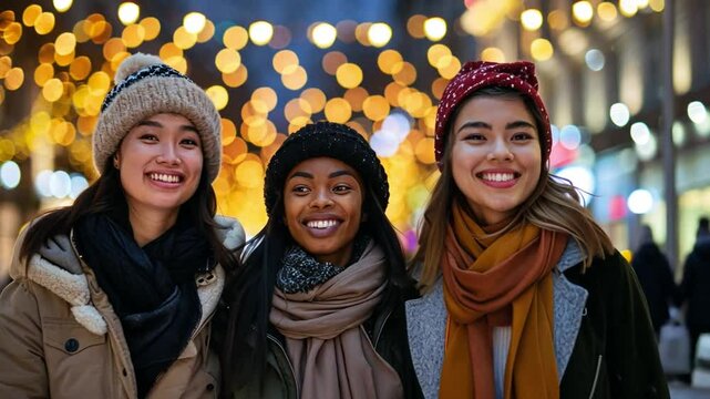 Three happy friends stand close together, bundled in warm winter clothing, enjoying the festive atmosphere created by glowing lights during a chilly evening in the city.