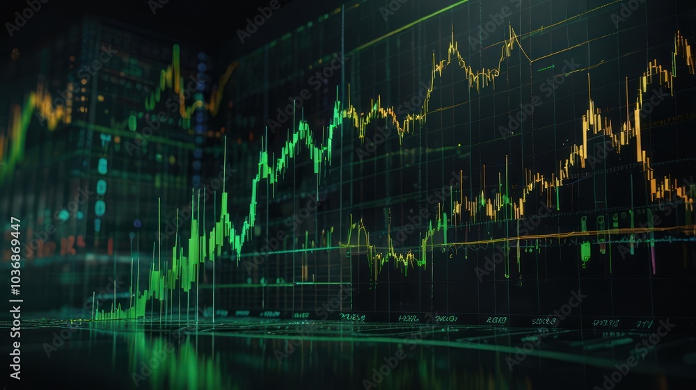 Poster a close-up shot of a computer screen displaying a stock market chart with green and yellow lines ind