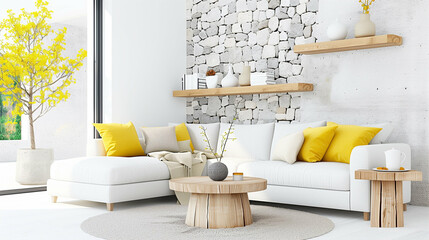 Living room with modern decor featuring yellow accents and elegant interior design