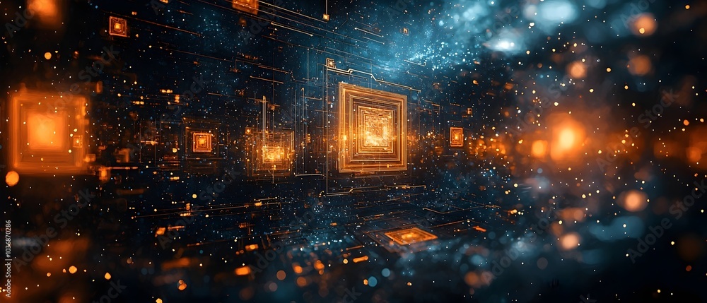Poster a mesmerizing digital landscape filled with glowing circuits and intricate patterns, embodying the e