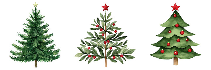 Three festive Christmas trees with decorations on a white isolate background.,transparent background.