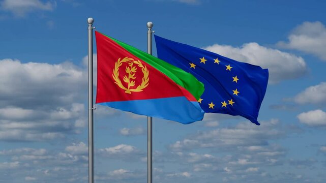 European Union and Eritrea flags flying together, video concept of the relationship