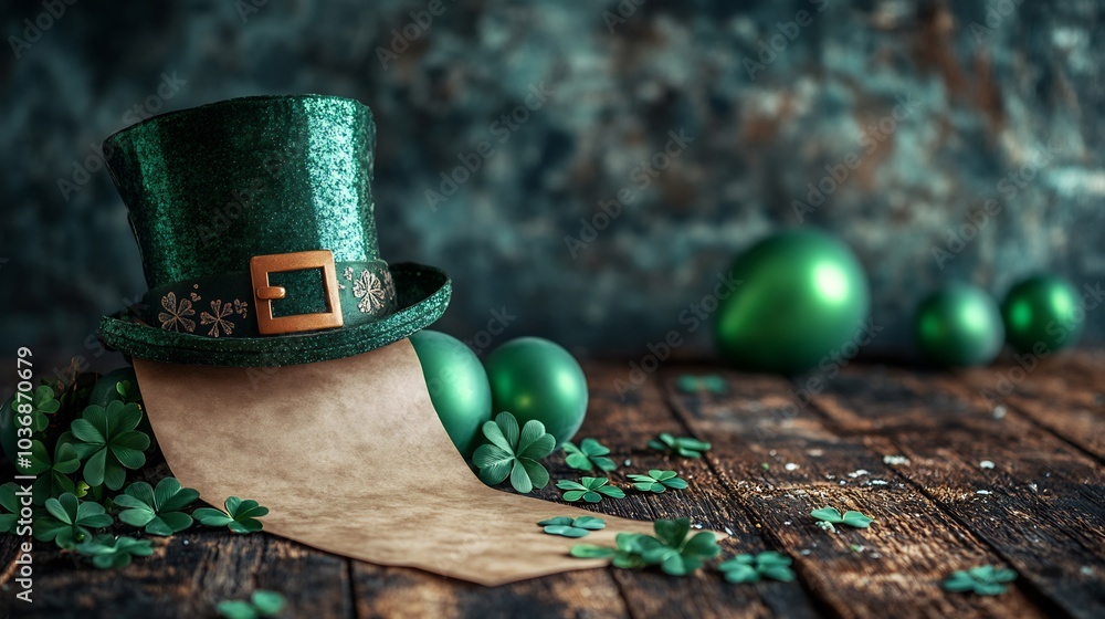 Poster festive scene an empty paper banner highlighted by a playful st patrick's day hat surrounded by live