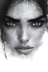Fototapeta premium A striking portrait of a young woman with intense dark hair and piercing eyes, against a soft, ethereal background, conveying strong emotions and depth.