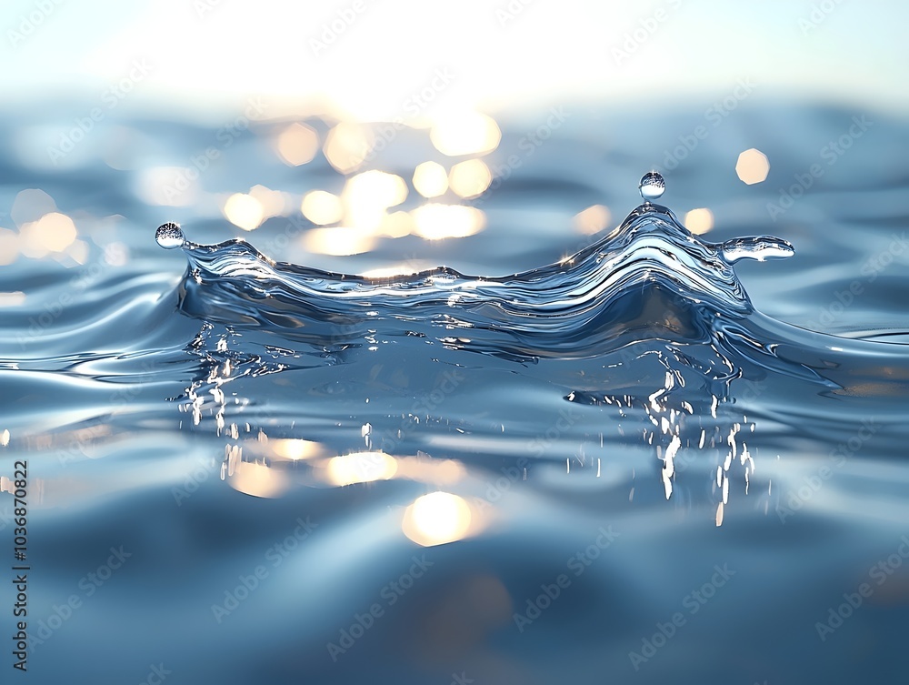 Poster a mesmerizing close-up of water droplets splashing atop the surface, creating dynamic waves and refl