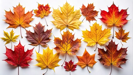 Fototapeta premium Autumn Leaves in Flat Style - Maple Leaf Collection for Fall Theme, Isolated on White Background, Perfect for Seasonal Decorations and Designs, Nature Inspired Aesthetic