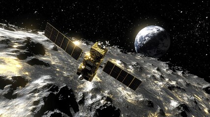 Satellite orbiting an asteroid with Earth in view.