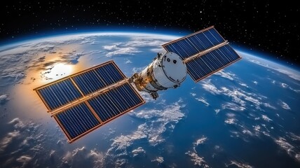 Satellite orbiting Earth with solar panels deployed.