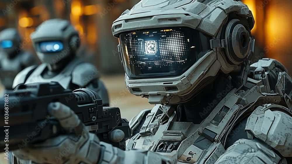 Poster this advanced soldiers in high-tech gear are training indoors, focusing on their targets with precis