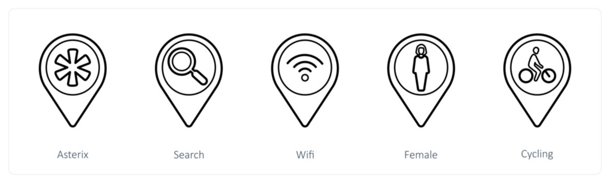 A set of 5 location pointer icons as asterix, search, wifi