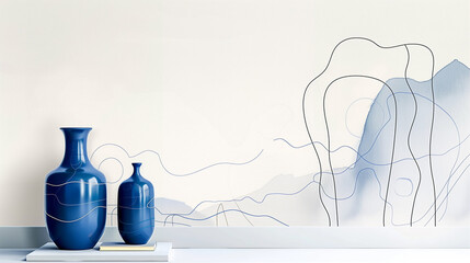 Blue decorative vases in modern home decor with artistic background