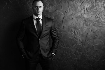 Black and white personal branding portrait of a man in a formal suit