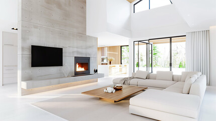 Fototapeta premium Modern living room interior design with minimalist decor and bright ambiance showcasing contemporary furniture and natural light