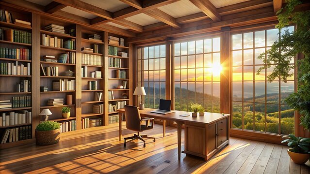 Cozy home office library with rustic wood bookshelf, expansive nature view, and warm golden hour sunlight, perfect for virtual online meeting room background.