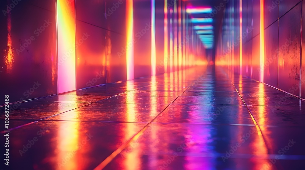 Poster a vibrant corridor illuminated by colorful neon lights, creating a dazzling atmosphere. the reflecti
