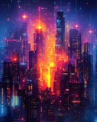 Fototapeta premium A vibrant, futuristic cityscape filled with glowing skyscrapers and colorful lights, evoking a sense of energy and innovation in a digital universe.