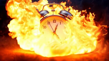 Running after time, alarm clock burning in fire, exploding rush hour, deadline pressure, urgency