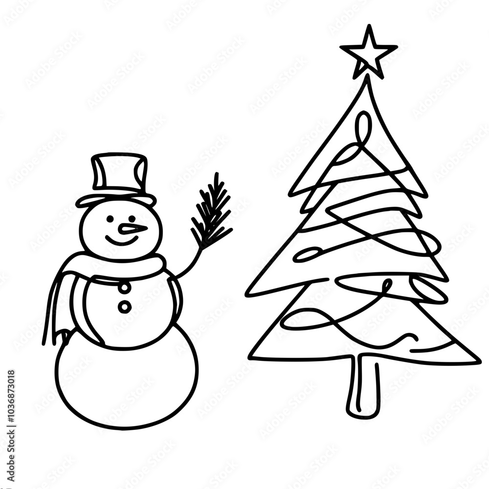 Poster Linear vector contour drawing of a snowman with a branch instead of a hand standing near a Christmas tree, made in a minimalist style