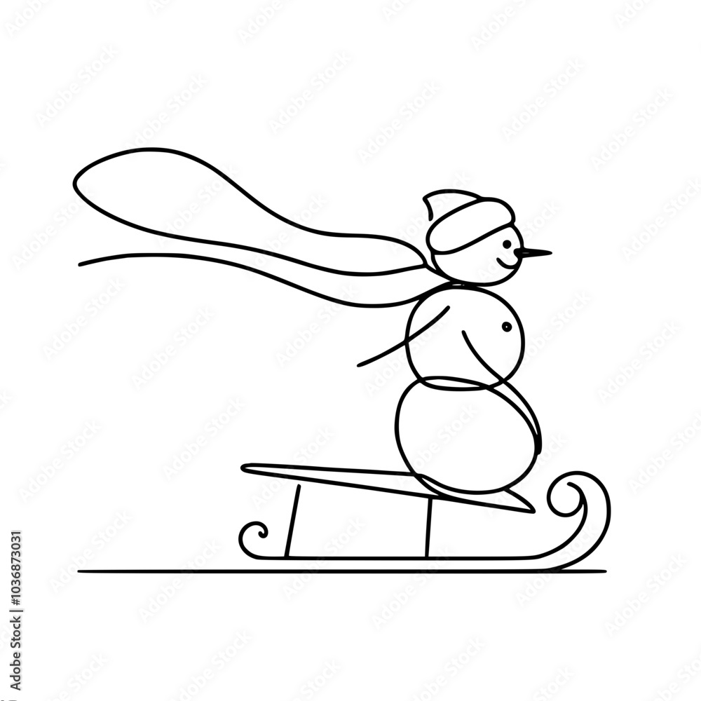 Poster linear vector contour drawing of a snowman on a sled with a carrot nose, wearing a hat and scarf, cr