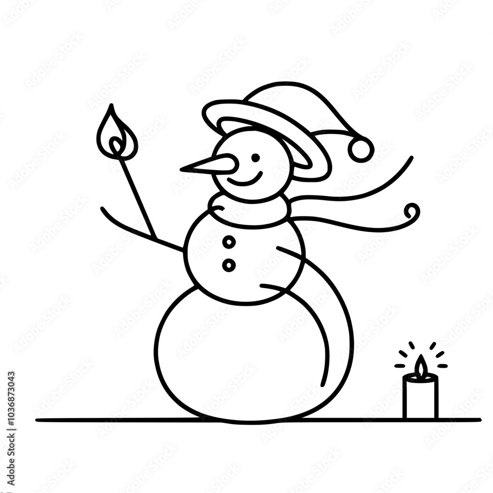 Poster linear vector contour drawing of a snowman with a candle, made in a minimalist style.