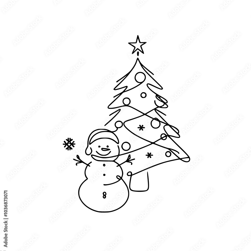 Poster linear vector contour drawing of a snowman with a snowflake standing near a christmas tree, made in 