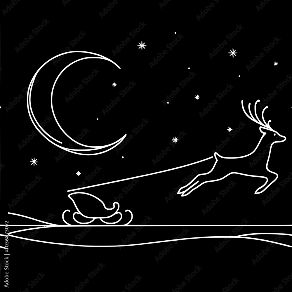Poster linear vector contour drawing of a running deer with a sleigh in the night, white lines on a black b