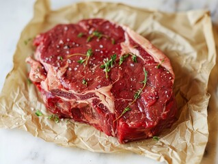 Obraz premium Raw Steak with Salt, Pepper & Thyme - Delicious Recipe