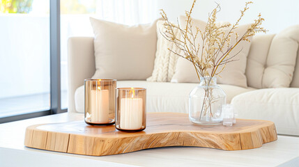 Wooden table with candles decor and interior design in modern living room style