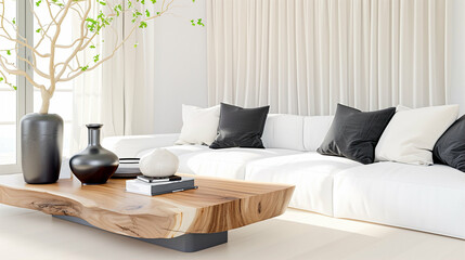 Living room furniture with modern design in a cozy home environment showcasing elegant decor and stylish wood accents