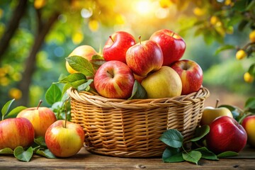 A lively arrangement of red and yellow apples with fresh green leaves, set against a pristine backdrop, ideal for imaginative conceptual photography.