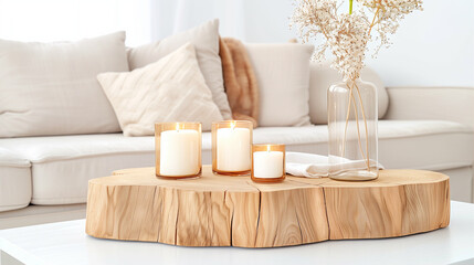 Candles on a wooden table with decorative elements cozy home decor and warm ambiance