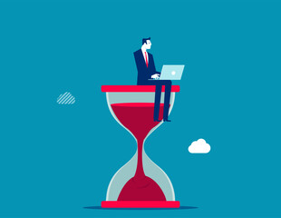 Working with time count down, project deadline or time management, urgent work, productivity or work efficiency concept, businesswoman working with computer laptop on time passing sandglass.