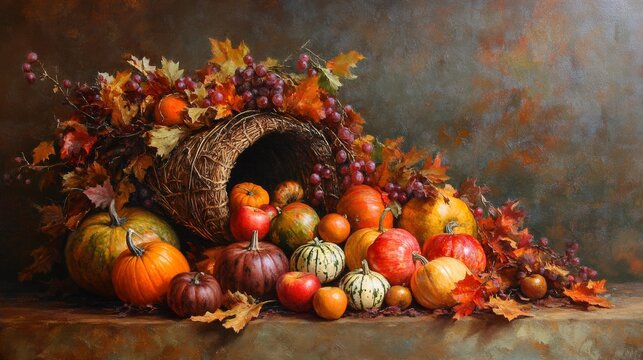 autumn harvest, a rural Thanksgiving setting with a cornucopia filled with pumpkins, gourds, apples, and autumn leaves, lit by soft natural light