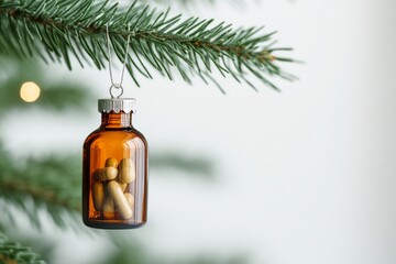 Glass toy bottle with capsules hanging on festive Christmas tree on branch on white background with copy space. Concept: New Year, holiday celebrations, healthcare, medicine banner