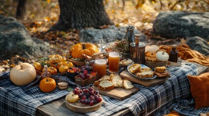 Thanksgiving picnic outdoors with fall decor, warm drinks, pumpkins, and seasonal treats on a rustic table amidst autumn scenery