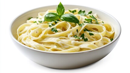 Creamy Alfredo Fettuccine in a Bowl with Basil