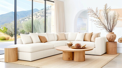 Modern living room interior with cozy sectional sofa and stylish decor in bright sunlight