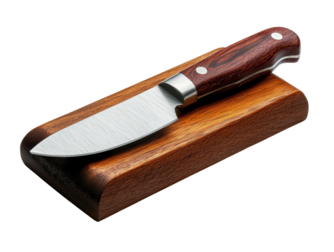 A sharp kitchen knife resting on a wooden cutting board.