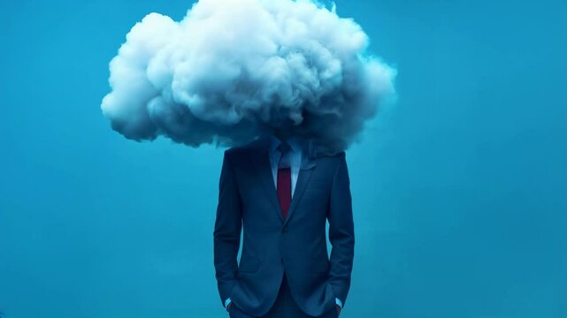 Overworked businessman standing in blue suit, smoke cloud around head, burnout work excess mental load