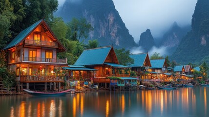 Fototapeta premium Scenic lakeside cabins at dusk.